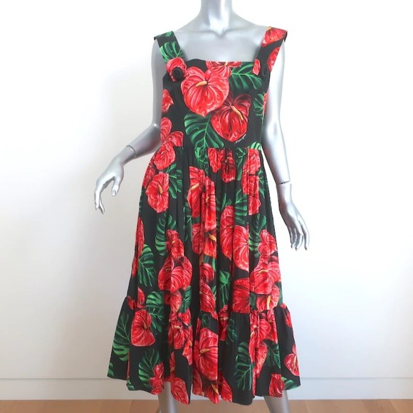 Dolce & Gabbana Sleeveless Midi Dress Black Laceleaf Floral Print Poplin Size 48 - Picture 1 of 7